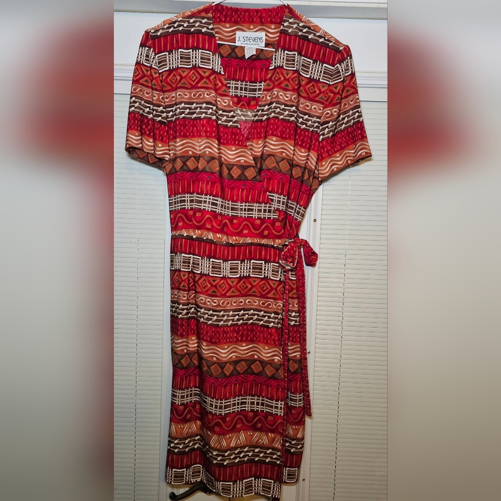 Vintage J Stevens Women’s Wrap Dress Size 14 Short Sleeve Tie Waist Geometric